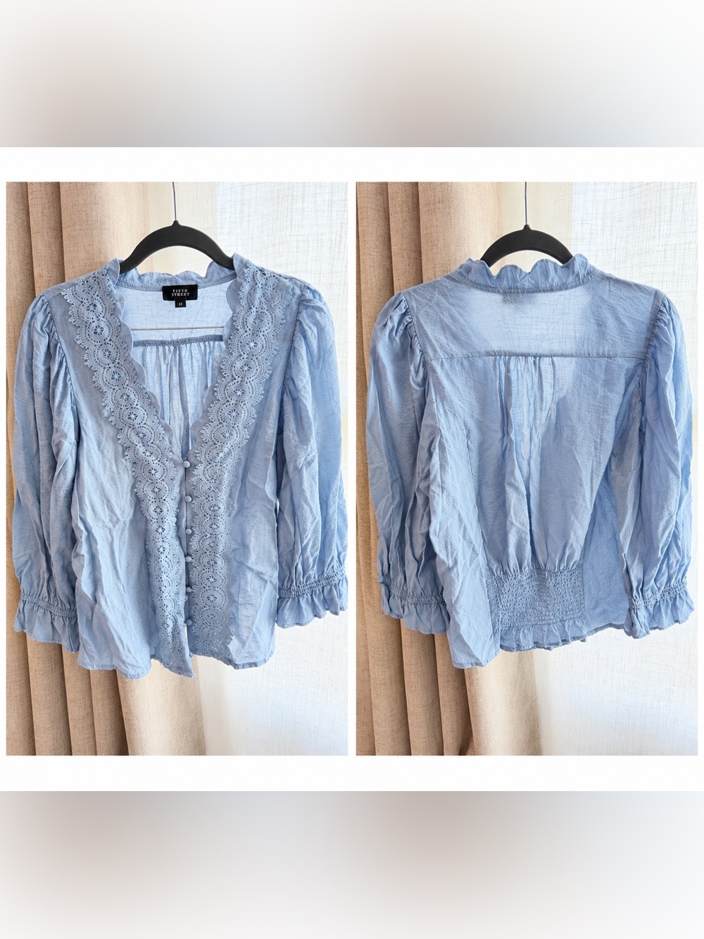 Fifty Street Boutique Light Blue Lace-Trim Button-Front Blouse